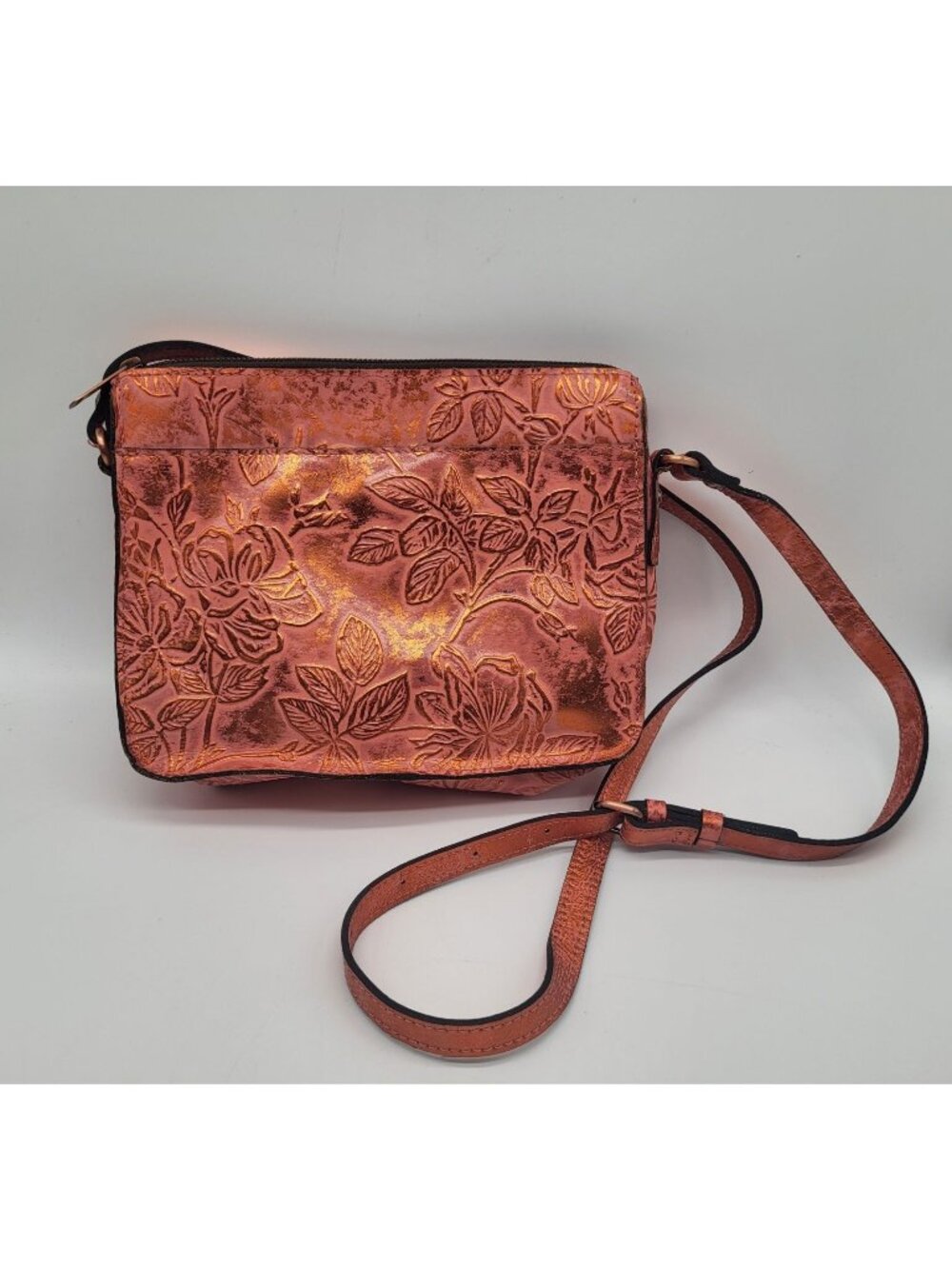 Patricia Nash Nazaire Burnt Coral Metallic Embossed Floral Crossbody Bag Leather
